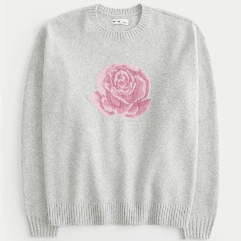 Hollister Light Gray Sweater with Pink Floral Design